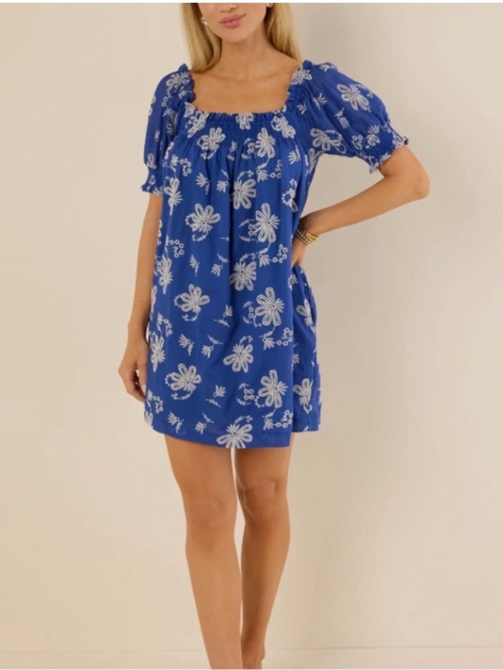 Blue Floral Square-Neck Mini Dress with Puff Sleeves